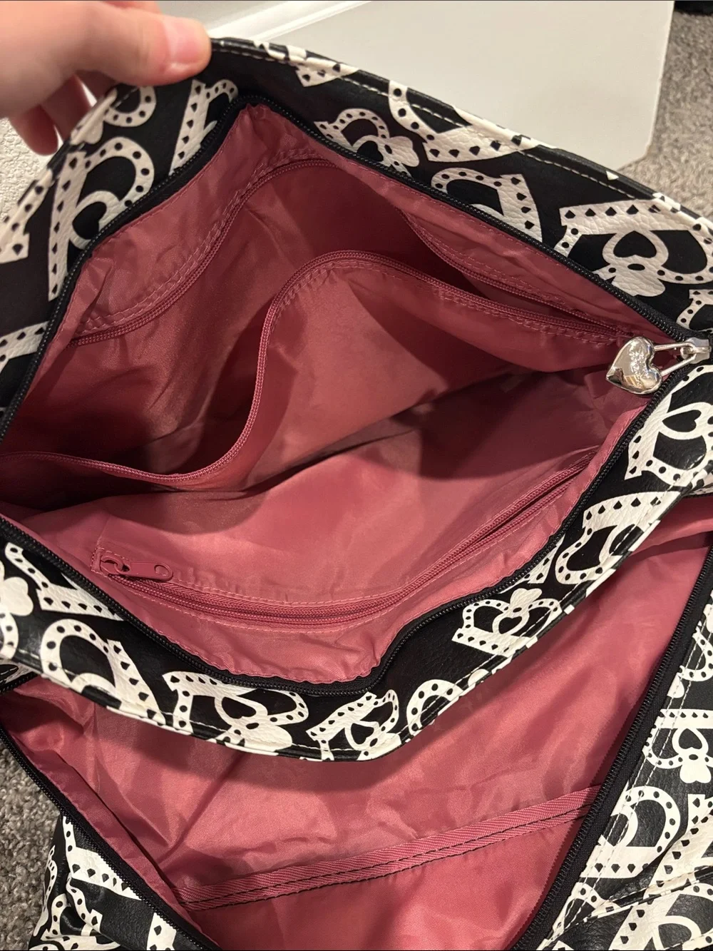 Kathy Van Zeeland Black and White Heart Print Duffel Bag